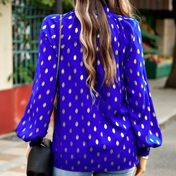 Mock Neck Cutout Lantern Sleeve Blouse - Royal Blue - Picture 3 of 3